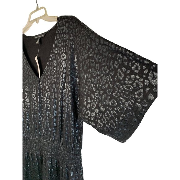 White House Black Market Leopard Foil Black Smocked Slub Kimono Dress L NWT - Picture 8 of 8